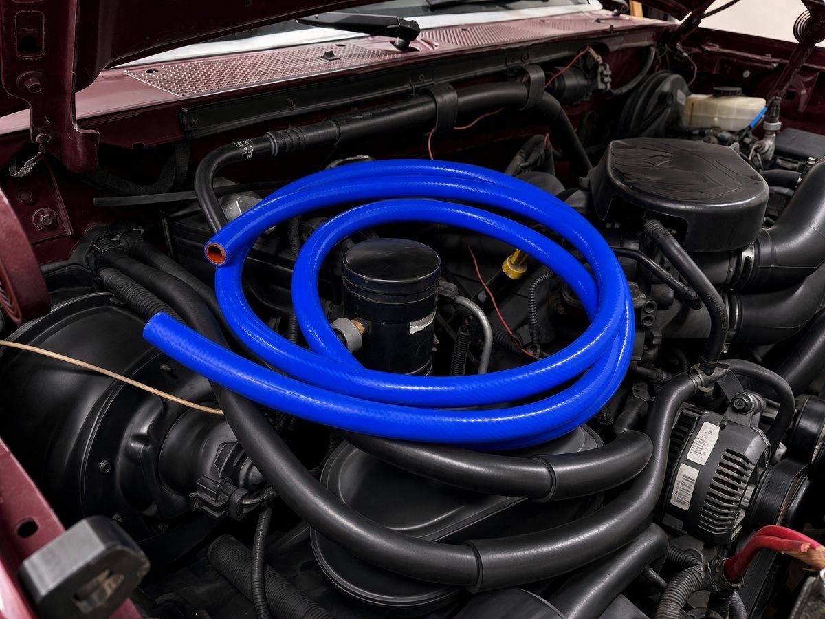 Coil of blue coolMaster silicone heater hose in a truck engine bay