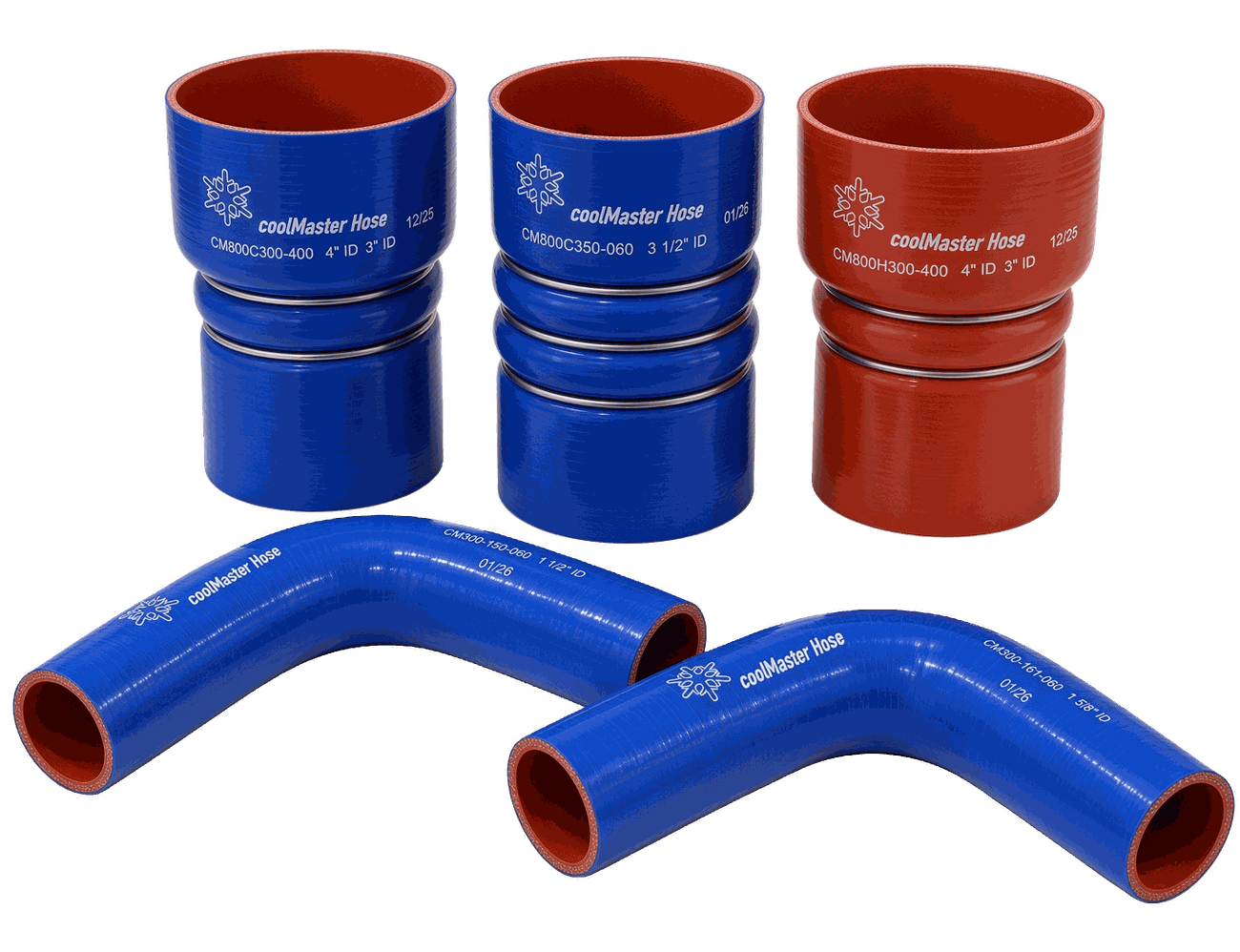 Blue and red coolMaster humped charge-air cooler hoses with two blue silicone elbows