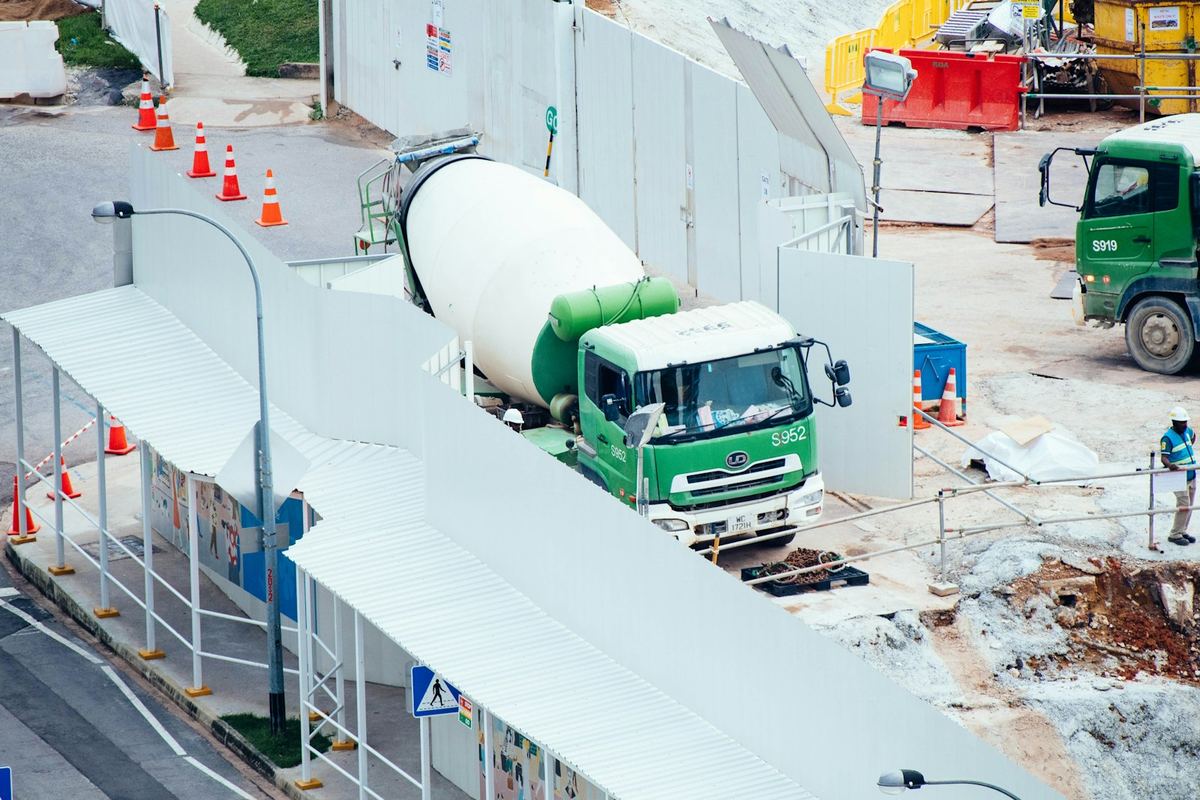 Ready-mix concrete mixer truck at a construction site