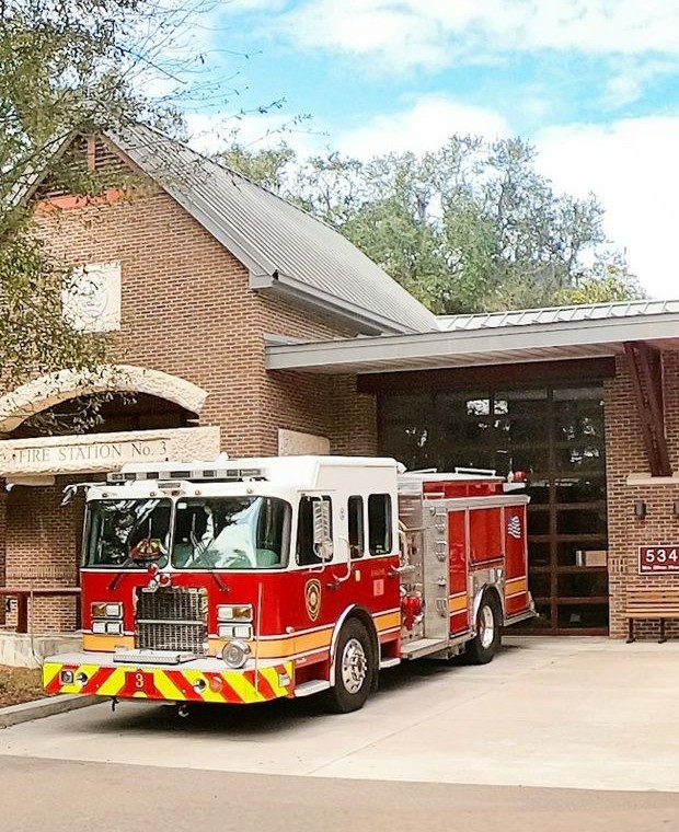 Fire engine and rescue unit outside a US fire station